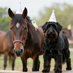 a medium sized black schapendoes dog with wavy hair on a horse, both wearing party hats, birthday party, high quality photo, photo contest winner