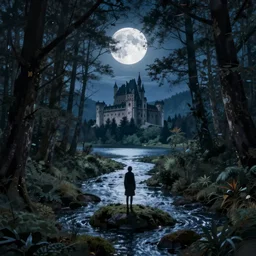 An image of a moonlit forest, with a river running through it, it has a lake in the distance, a castle at its center, and a single, solitary figure standing in the middle of it all who is gazing out at the world, trending on artstation