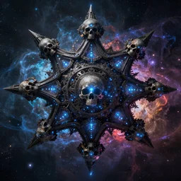 dark art, dodecagram space fortress, glowing, skulls, glowing blue points, multicolored nebula, hyperdetailed, hyperrealistic, digital art, artstation, cinematic, concept art, 4k, 8k