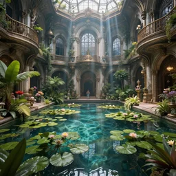 massive courtyard with a crystal clear pond and thousands of water lilies and tropical plants and flowers inside a grand ancient steampunk palace, designed by architect geoffrey bawa, shafts of light pouring in through windows, insanely mystical, hyper realistic, extremely detailed, atmospheric, 8 k, octane render, unreal engine