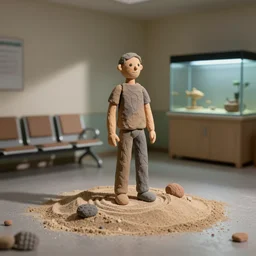 plasticine sculpture. fish tank in hospital waiting room. john craxton. sand. stop motion. clay. shadows. minimal.