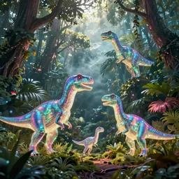 glowing holographic dinosaurs, foggy jungle in the background, vibrant fantasy concept art by bouguereau