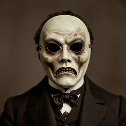 a portrait photograph of a victorian wearing a scary vintage halloween mask, creepy, atmospheric, 1 9 0 0 s picture