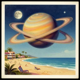 A faded 1960s retro-futuristic postcard from a beach resort on Saturn\'s moon Hyperion, digital painting, by greg rutkowski, trending on artstation