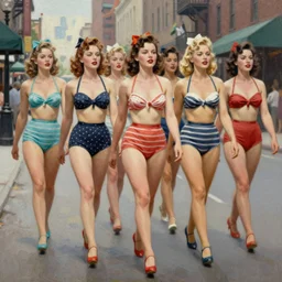 1940s group of pinup bikini girls walking down the street in 1940s Manhattan, oil painting, by Gil Elvgren