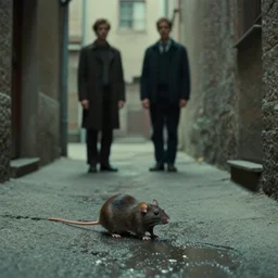 the lonely rat, in the alley, water caustics, film still from the movie directed by denis villeneuve and david cronenberg with art direction by h. r. giger and bernie wrightson