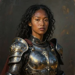 realistic portrait of asian black goddess in armor, atmospheric lighting, painted, intricate, volumetric lighting, beautiful, washed deep colors masterpiece, golden hour, sharp focus, ultra detailed, by Chie Yoshii, Kai Carpenter, Ignacio Fernández Ríos
