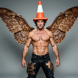 ripped physique winged man Norm MacDonald disguised as a mothra whilst wearing a traffic cone hat brian k. vaughan