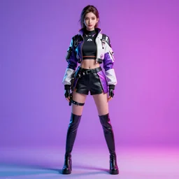 full body view portrait high quality render realistic high detail cinematic digital concept art of a young woman dressed in stylish future clothing with face visible by artgerm and greg rutkowski and marc simonetti, artstation trending, vibrant colour, blank background, valorant, fortnite