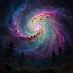 colorful. A highly detailed 4K fantasy matte painting of a nebula in the sky. Behind from a forrest floor silouette, zdzislaw beksinski, ArtStation, CGSociety, Unreal Engine