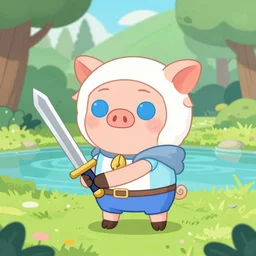 very cute and adorable tiny anthro little piggy knight princess portrait, holding a sword, adorable blue eyes, piglet, fantasy forest landscape, lake, summer, pale blue outfit, cute forest creature, fluffy, pastel colors, Adventure Time, Dreamworks, Behance, Pokemon, Artstation, trending on artstation, peach and goma style, milk and mocha style, art of silverfox, Yee Chong Silverfox, Sydney Hanson, Sofya Emelenko, Elina Karimova