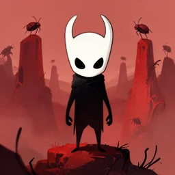 horror art, hollow knight, red peaks with bugs and arms in the background, art by greg rutkowski