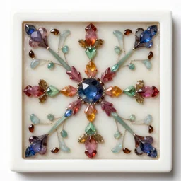 white border. an arrangement with inlaid gems and flowers in resin as a fancy square tile.