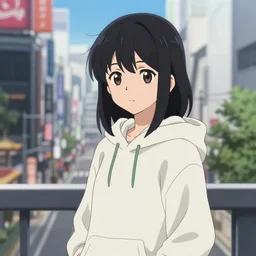 black haired girl wearing hoodie, city cityscape, anime epic artwork, kyoto animation, key visual, 4 k