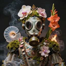 3 d close - up portrait of the retro futuristic robot in vintage gas mask in midsommar style clothes and crown overgrown with moss and giant orchid flowers and giant gladiola flowers, intricate, elegant, surrounded by smoke and burning. translucent nautilus, highly detailed, by wlop, tooth wu, greg rutkowski, alena aenami