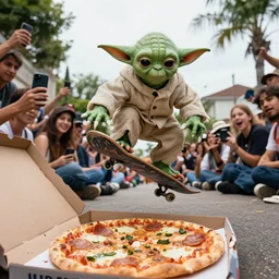 yoda skateboarding while flipping off complete idiots that don't like the pizza he made