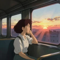 lone girl waiting inside a 70s train, dreamy, stanley kubrick the shinning, vibrant colors americana, cinematic, volumetric lighting, god rays, sunset, side view, realistic, detailed, digital art, studio ghibli anime