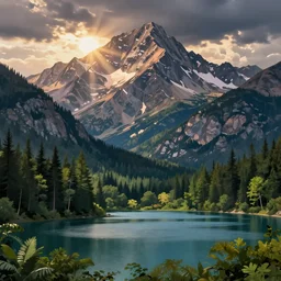 mountains, trees, and lake, in the style of family guy