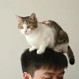 a cat on top of a young man ’ s head