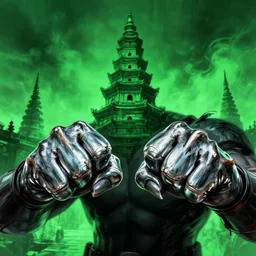horror art, stret fighter with chrome fists, green pagoda in the background, art by ismail inceoglu