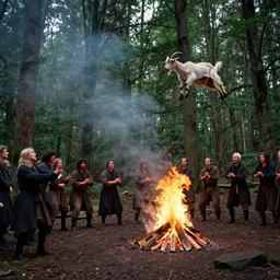 goya forest with a cult performing a ritual with a bonfire where a goat flies