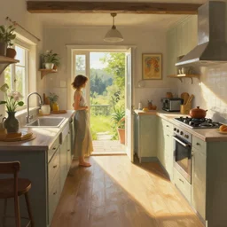 house kitchen on a sunny day, path traced, highly detailed, high quality, digital painting, alena aenami, lilia alvarado, shinji aramaki, karol bak, alphonse mucha, tom bagshaw