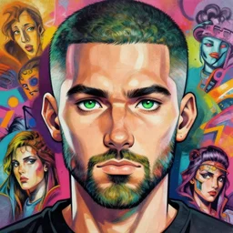 beautiful anime of bold guy with short beard and green eyes, no hairs, by sherree valentine daines, peter mohrbacher, alice neel, donato giancola, mike winkelmann, laurie greasley. trending on artstation, 8 k, masterpiece, graffiti, fine detail, full of color, intricate detail, golden ratio illustration, face detail