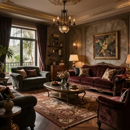 futuristic 3 5 mm warm photo of a tastefully decorated bohemian living room with dark luxurious furnishings and a mix of antique and modern furniture, highly detailed
