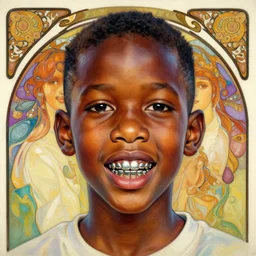 colourful upper half caricature portrait of an african boy with sliver teeth grillz, art by hsiao - ron cheng & alphonse mucha, highly detailed, digital painting, ray tracing, concept art, illustration, smooth sharp focus, intricate, symmetry, artstation,
