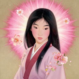 portrait of mulan, flowers, pink spike aura in motion, floating pieces, painted art by tsuyoshi nagano, greg rutkowski, artgerm, alphonse mucha, spike painting