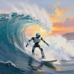 an android robot surfing. epic oil painting. large cresting wave. tubular wave. sunlight. white cap. sunset clouds.