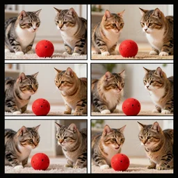 a highly - detailed and colorful comic strip in 4 panels of photorealistic cats talking to one another about a red ball