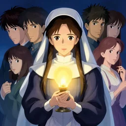 portrait of florence nightingale holding a faloon lamp to her heart wearing a nurses cap ; by james jean, charlie bowater, tom bagshaw, nikolay makovsky, melanie delon : : enchanting, colorful, ethereal, portrait, manga character design, illustration, hyperrealism, digital art, concept art, fantasy makoto shinkai takashi takeuchi studio ghibli