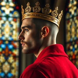 side - view portrait of a man wearing a golden crown, buzzcut, stubble, red coat, medieval stained glass window, very masterful, backlit
