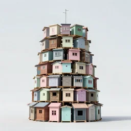 a round tower made up of makeshift squatter shacks with pastel colours, mamiya, 8 5 mm, f 1. 7, fully frontal view, uniform plain sky, fine details, photographed by cristina de middel and julie blackmon