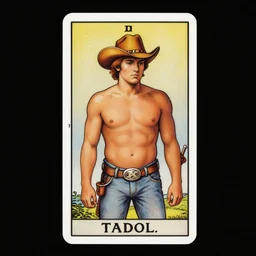 a beautiful tarot card of a shirtless cowboy | dad bod, homoerotic, art deco, art nouveau | ( by louis comfort tiffany ) | trending on artstation
