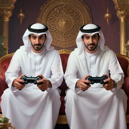 portrait, twins playing video games, togther sheik mohammad ruler of dubai, controller, hyperdetailed illustration by irakli nadar and alexandre ferra, unreal engine 5 highly rendered, detailed and intricate environment