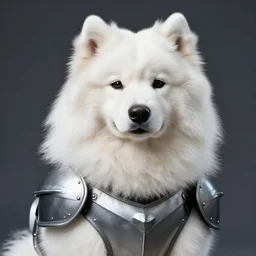hd, award winning photography of a close up portrait of a samoyed wearing wearing metallic, grey armor