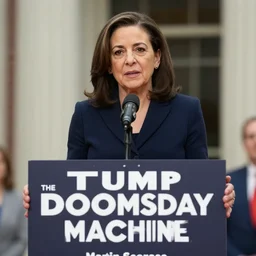 Movie still of Sheryl Sandberg campaigning for Trump in The Doomsday Machine, directed by Martin Scorsese