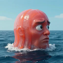 a giant squashed jelly head in the middle of the ocean with a disturbing and funny profile at the same time
