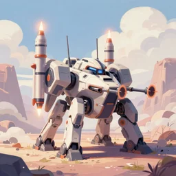 an armored core on the ground, booster flares, legs, crossfire, karst landscape, clouds, daylight ; detailed illustrations, pastel tones, deep colors, clear lines, motion blur, by jordan grimme, greg rutkowski