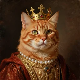 portrait painting of noble king orange tabby cat, proud look, dressed like ancient king, wearing crown, dramatic lighting, epic painting, rembrandt van rijn