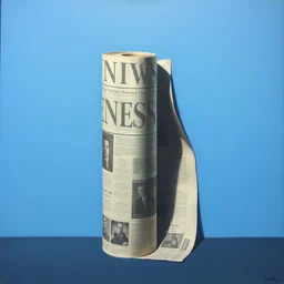painting of a roll of newspaper standing against a blue background, by ivan seal, surreal art, dull