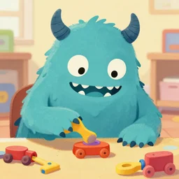 a close up illustration of kindergarten age cthulhu monster playing with toys by artist jess bradley, digital art