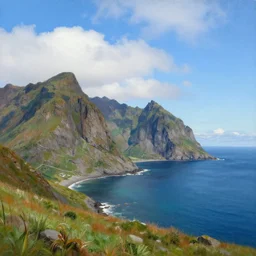 realist landscape painting of mountains by the ocean, blue sky with clouds