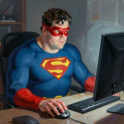 a insanely detailed painting of a fat masked superhero wearing a costume sitting at a desk, staring at the nervously at the computer and clicking on the mouse, in the style of peter mohrbacher, dramatic lighting and composition, trending on artstation, concept art, comic book