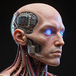 3D render of a rugged profile face portrait of a male cyborg, 150 mm, capacitors, neon lenses for eyes, Mandelbrot fractal, anatomical, flesh, facial muscles, wires, microchip, veins, arteries, full frame, microscopic, elegant, highly detailed, flesh ornate, elegant, high fashion, rim light, octane render in the style of H.R. Giger and Bouguereau