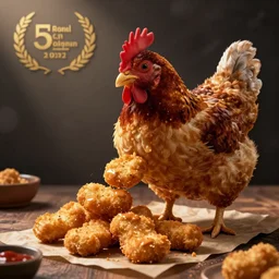 digital art of a Chicken eating chicken nuggets as it food