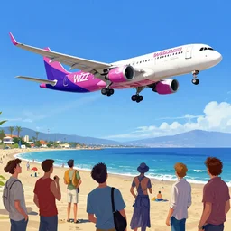 a wizzair airbus a 3 2 1 neo landing at skiathos airport, low over the heads of the people on the beach, art by stanley artgerm lau, wlop, rossdraws, james jean, andrei riabovitchev, marc simonetti, yoshitaka amano, artstation, cgsociety