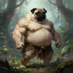 muscular oversized warrior pug in mystical foggy jungle by frazetta